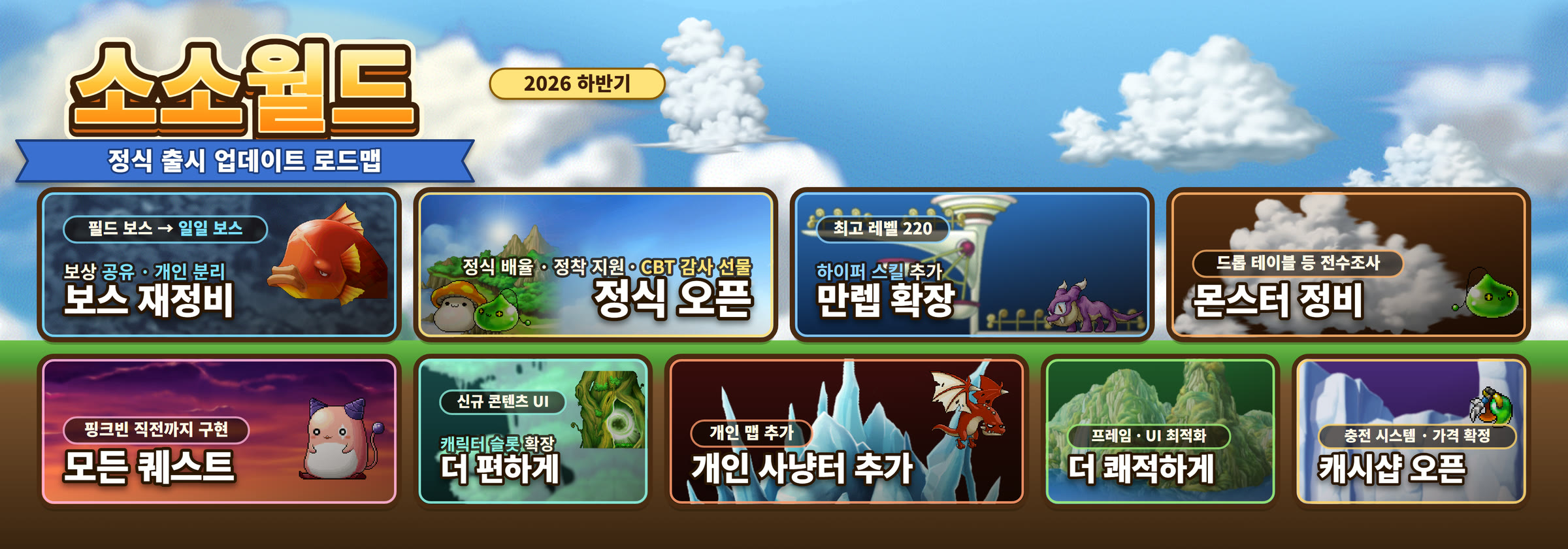 정식 출시 업데이트 로드맵 — 보스 재정비 · 정식 오픈 · 만렙 확장 · 몬스터 정비 · 모든 퀘스트 · 더 편하게 · 개인 사냥터 추가 · 더 쾌적하게 · 캐시샵 오픈